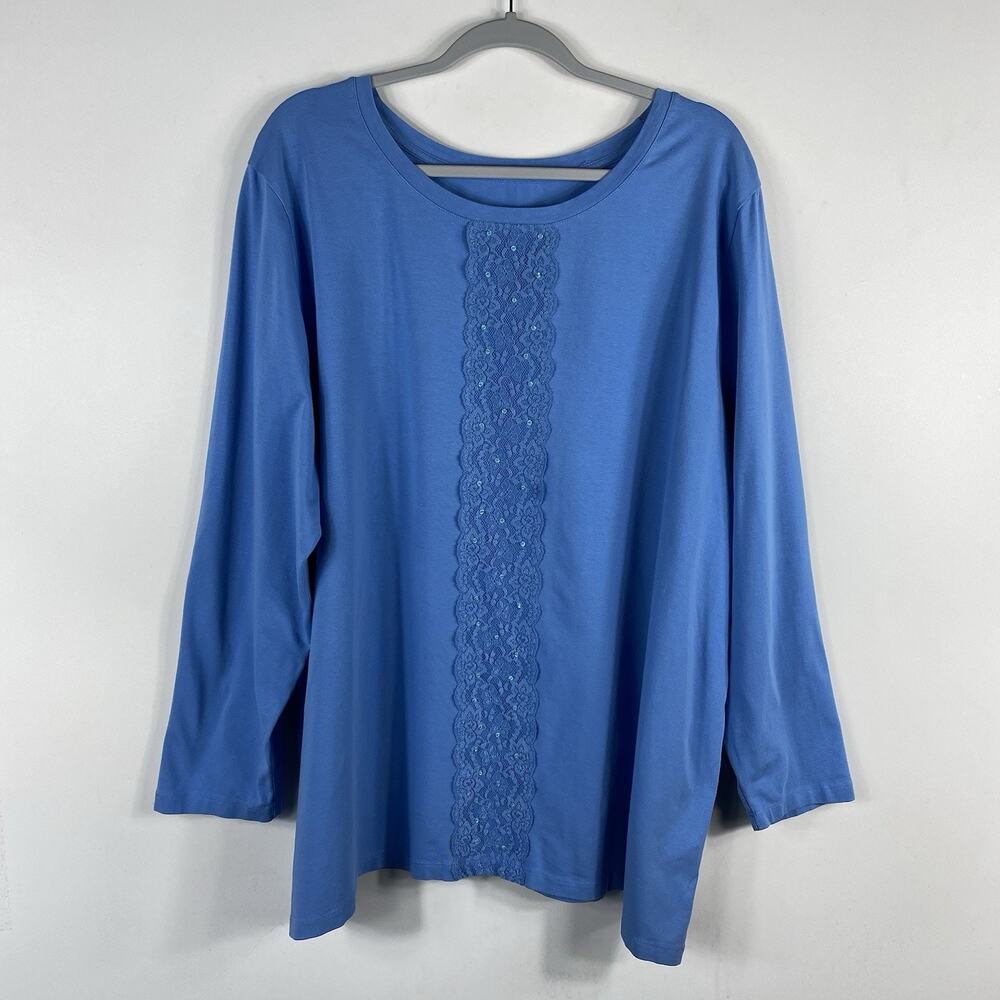 Catherines Liz & Me Top 2X Blue Lace Panel Crew Neck Long Sleeve Cotton Blend